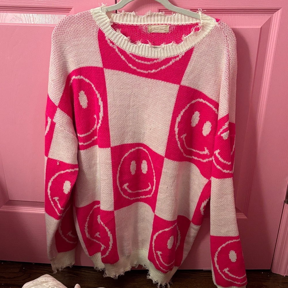 altard state oversized distressed pink and whites smiley face hoodie